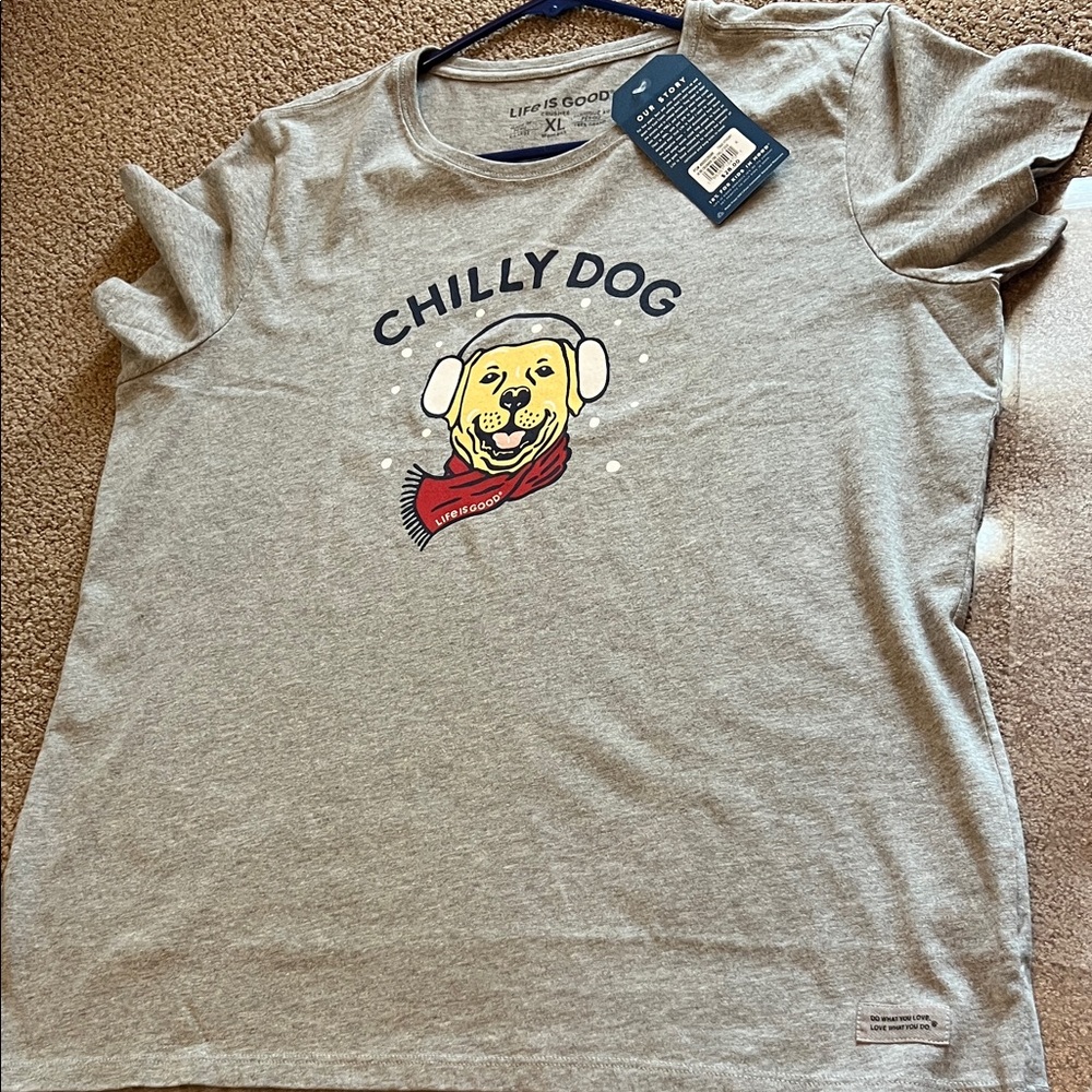 Life Is Good Gray Tee with Yellow Dog and Red Scarf - Picture 2 of 2